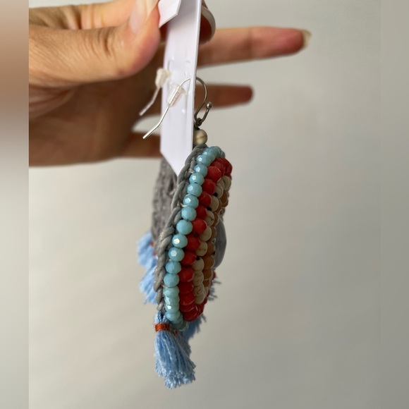 Neiman Marcus Statement Fran Drop Fringe Round Stone Bead Blue Red Cream NWT box - Picture 7 of 15